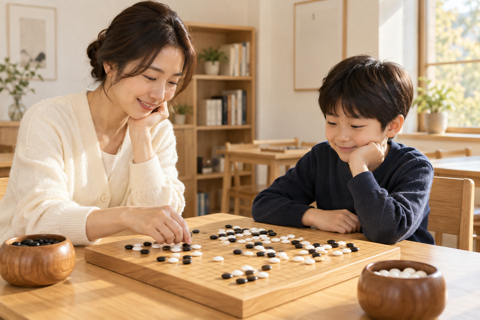 선생님과 어린이가 바둑을 함께 두는 AI 교육 장면 예시